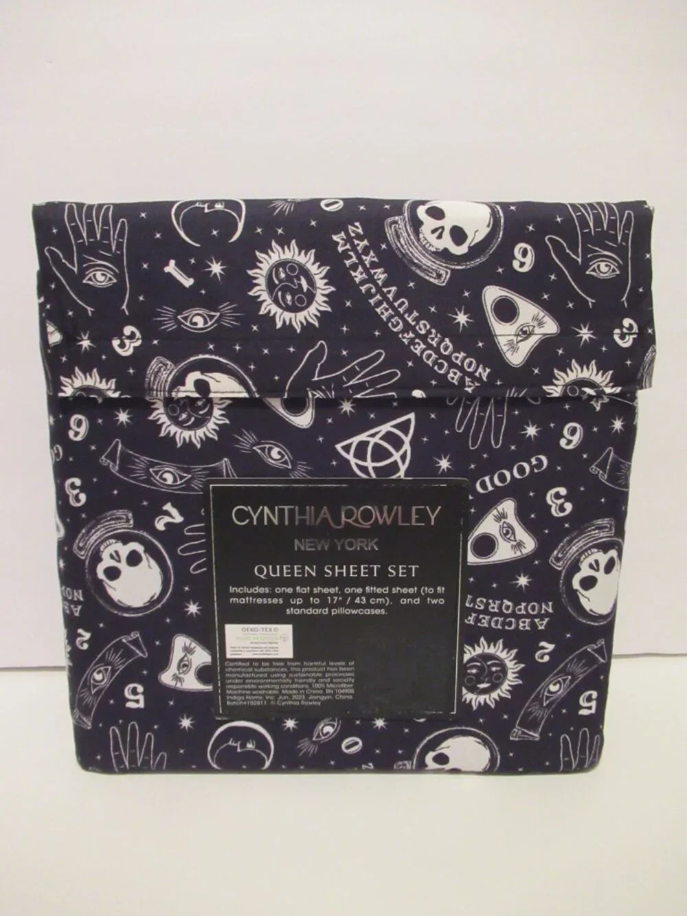 New Cynthia Rowley QUEEN Black Ouija Sheet Set Sun Stars Moon Skull Halloween